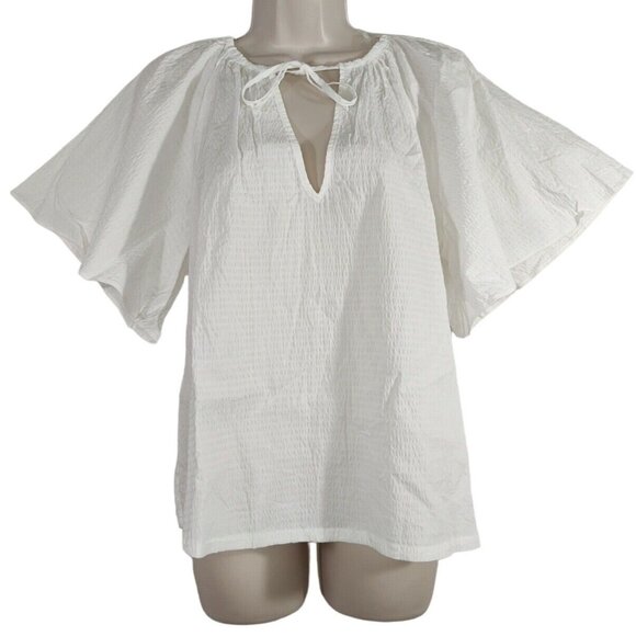 a new day Tops - A New Day White Top Women Size M Keyhole Tie Neckline Wide Sleeve Textured NEW